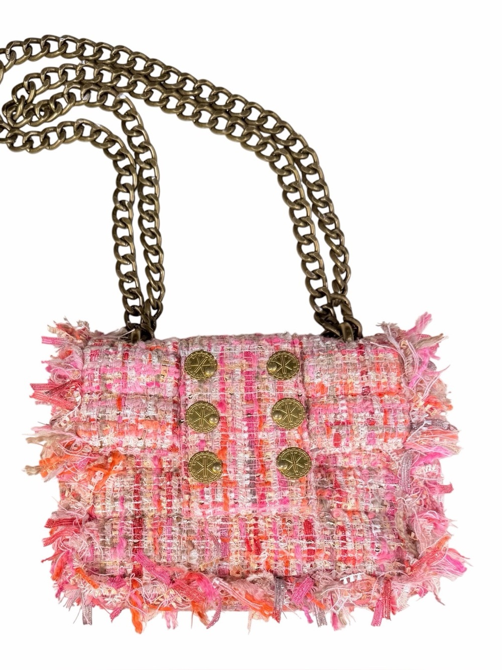 Kooreloo Pink Tweed Fringe Chain Shoulder Bag gold accents